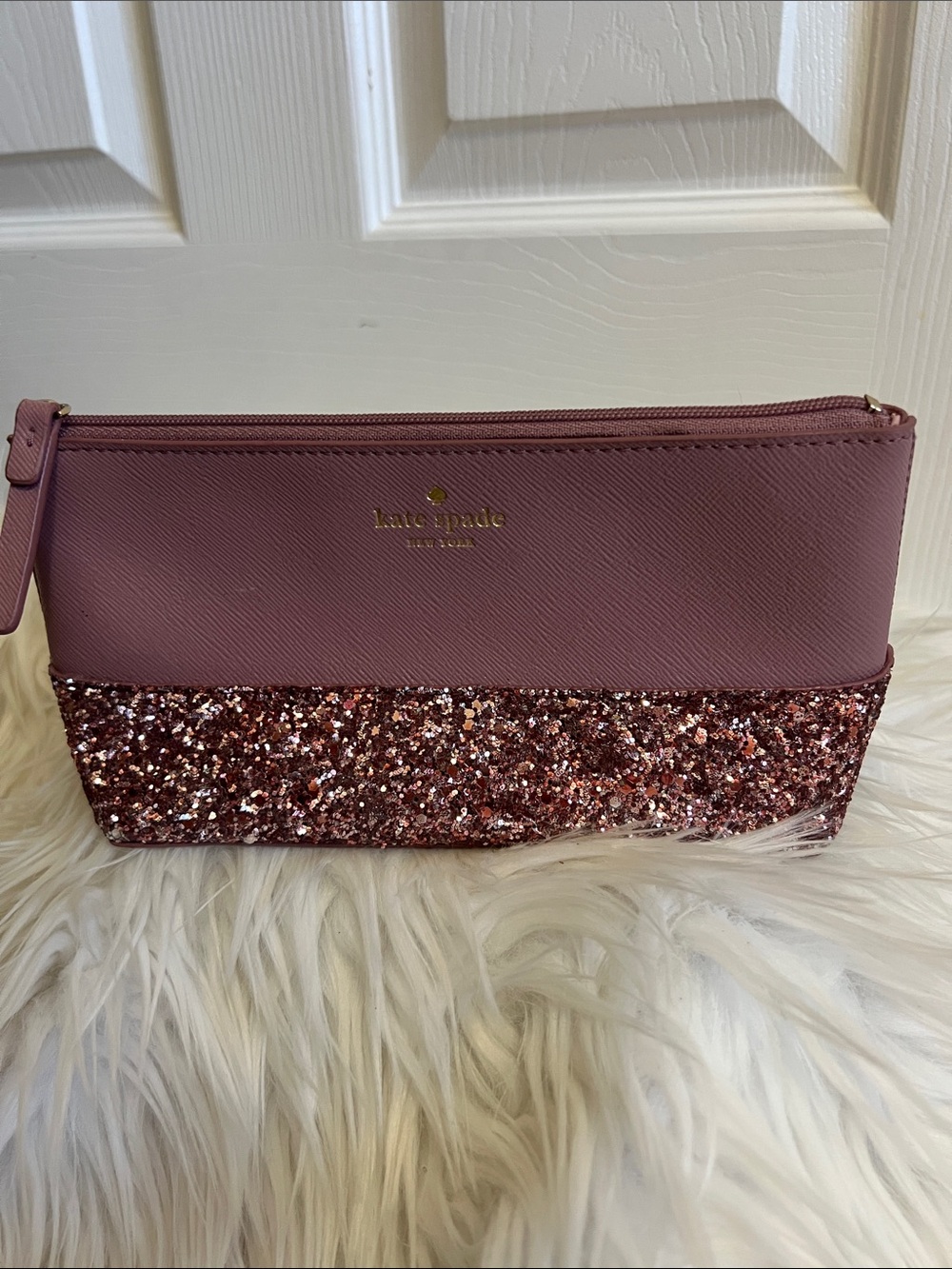 Kate Spade Dusty Rose Glitter Zip Cosmetic Bag